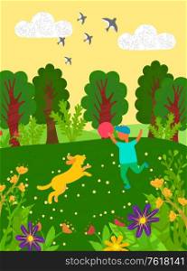 Small kid playing with dog vector, forest with trees and flowers on meadow, child with pet throwing inflatable ball to animal doggy, swallows at sky. Summer Vacation of Small Kid, Boy Playing with Pet