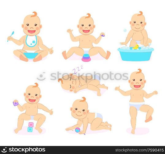 Small kid vector, funny child wearing bib and eating food from bowl, baby playing cubes and sleeping, container with water and bubbles duck rubber toy. Baby Eating Meal Wearing Bib and Dancing, Set