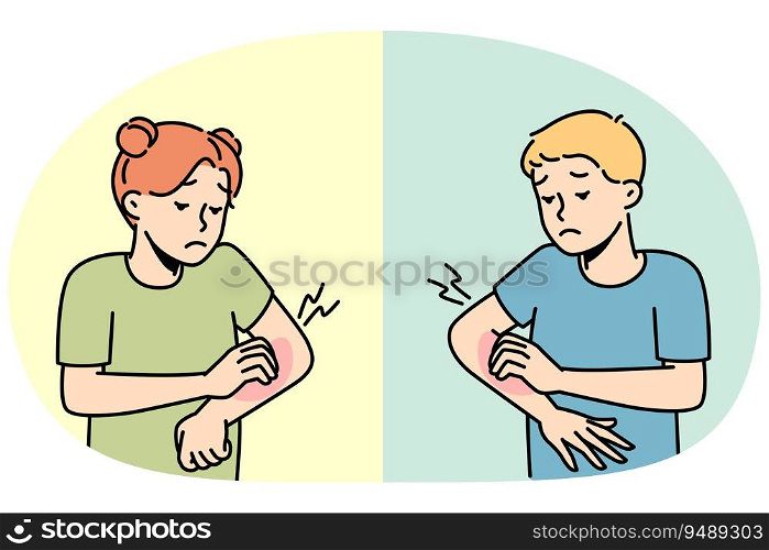 Small kids scratch arms suffer from seasonal allergy outdoors. Children feel itchy struggle with dermatitis or insect bite. Healthcare. Vector illustration.. Children feel itchy suffer from allergy