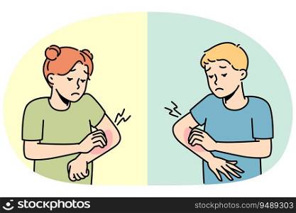 Small kids scratch arms suffer from seasonal allergy outdoors. Children feel itchy struggle with dermatitis or insect bite. Healthcare. Vector illustration.. Children feel itchy suffer from allergy