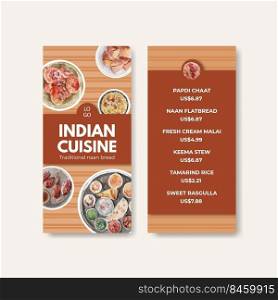 small Menu template with Indian food concept design for restaurant and bistro watercolor illustraton
