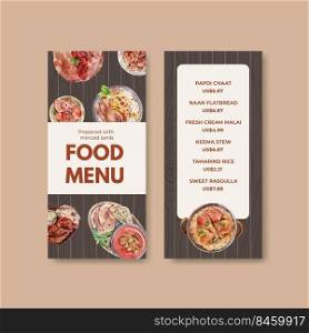small Menu template with Indian food concept design for restaurant and bistro watercolor illustraton
