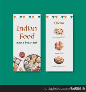 small Menu template with Indian food concept design for restaurant and bistro watercolor illustraton 