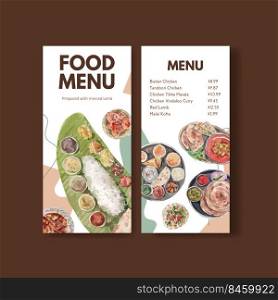 small Menu template with Indian food concept design for restaurant and bistro watercolor illustraton 