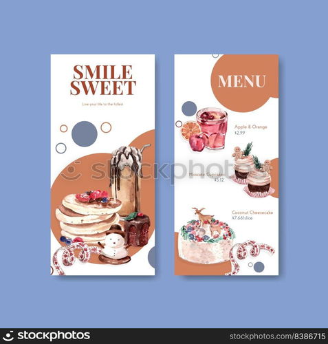 Small menu template with winter sweets concept design for restaurant and bistro watercolor vector illustration 