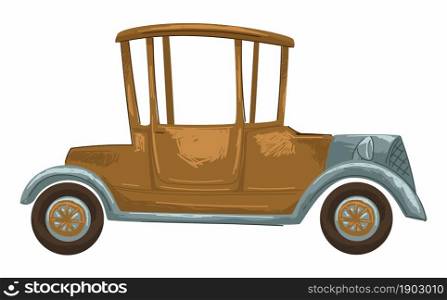 Small old vehicle with wheels, isolated icon of retro car. Transport in previous epochs and times. Driving outdated transport, automobile with doors. Classic model of auto. Vector in flat style. Retro car, small vehicle, old vintage automobile