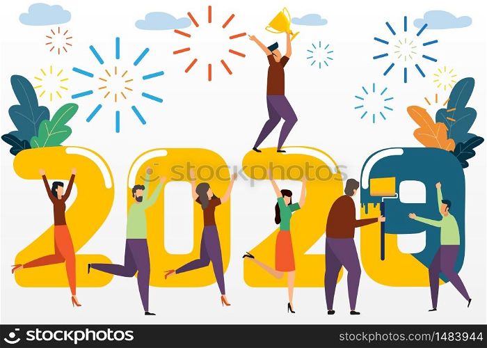 Small people are preparing for the new year, the inscription New Year 2020. change 2019 to 2020. Celebrate Happy new year 2020. vector illustration.