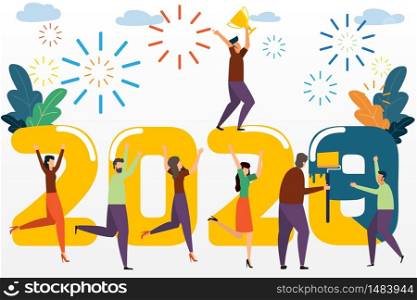 Small people are preparing for the new year, the inscription New Year 2020. change 2019 to 2020. Celebrate Happy new year 2020. vector illustration.