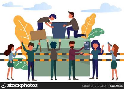 Small people standing near big voting box. Business poster for presentation, Vote, election campaign, agitate. Flat design vector illustration
