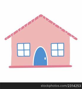 Small pink house in cartoon style. Vector sticker.