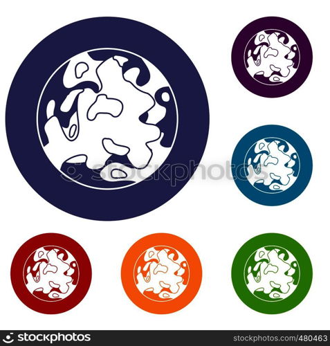 Small planet icons set in flat circle red, blue and green color for web. Small planet icons set