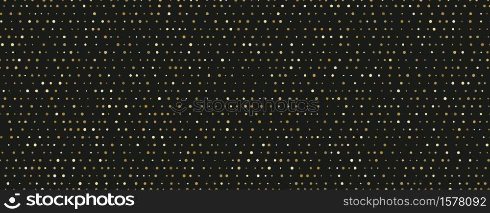 Small random dots gold pattern on black background. Golden glitter luxury style. Vector illustration