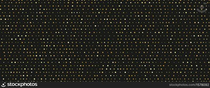 Small random dots gold pattern on black background. Golden glitter luxury style. Vector illustration