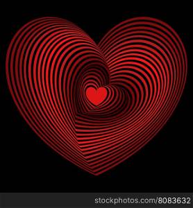 Small red heart into the lot of concentric heart shapes on the black background, vector artwork