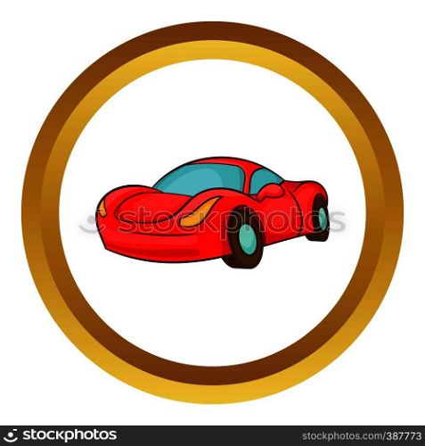 Small red italian car vector icon in golden circle, cartoon style isolated on white background. Small red italian car vector icon