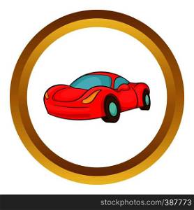 Small red italian car vector icon in golden circle, cartoon style isolated on white background. Small red italian car vector icon
