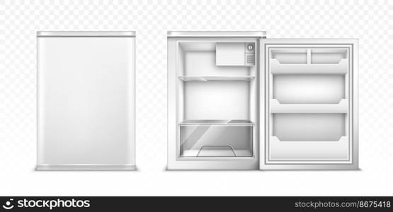 Small refrigerator with open and closed door. Vector realistic mockup of empty mini fridge for kitchen or restaurant. White cooler equipment in front view isolated on transparent background. Small refrigerator with open and closed door