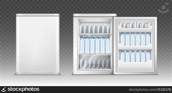 Small refrigerator with open and closed door. Vector realistic mockup of mini fridge for kitchen or restaurant full of plastic bottles with water and aluminum cans. White cooler for drinks. Small refrigerator with drinks