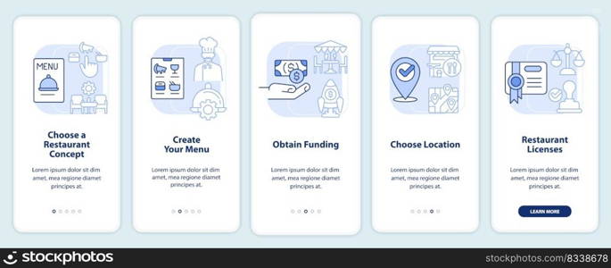 Small restaurant business plan light blue onboarding mobile app screen. Walkthrough 5 steps editable graphic instruction with linear concepts. UI, UX, GUI template. Myriad Pro-Bold, Regular fonts used. Small restaurant business plan light blue onboarding mobile app screen