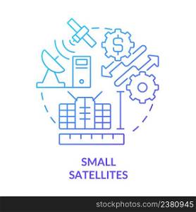 Small satellites blue gradient concept icon. Equipment for space exploration. Spacetech trend abstract idea thin line illustration. Isolated outline drawing. Myriad Pro-Bold font used. Small satellites blue gradient concept icon