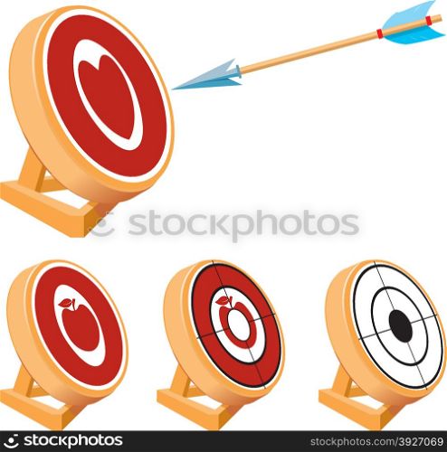 Small set of targets for archery. Simple target, the target in form of heart, in the form of an apple