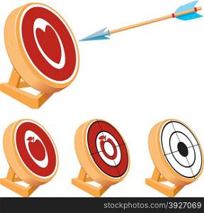 Small set of targets for archery. Simple target, the target in form of heart, in the form of an apple