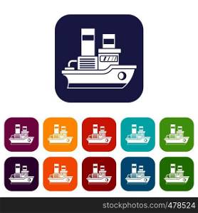 Small ship icons set vector illustration in flat style in colors red, blue, green, and other. Small ship icons set