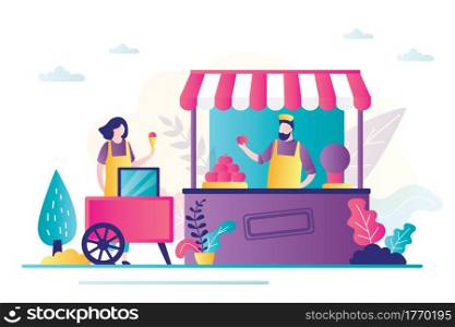 Small shop, local business concept. People workers in uniform and food kiosks. Fruit stall and ice cream cart. Businesswoman and businessman characters. Outdoors business. Trendy vector illustration. Small local business concept. People workers and food kiosks. Fruit stall and ice cream cart. Businesswoman and businessman characters.