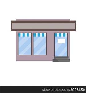 Small shop. Store with red and white roof. Food trade and coffee shop. Facade of the house with showcase. Cartoon flat illustration. Town and city. Element of urban landscape. Small shop. Store with red and white roof.