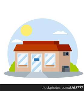 Small shop. Store with red and white roof. Food trade and coffee shop. Facade of the house with showcase. Cartoon flat illustration. Town and city. Element of urban landscape. Small shop. Store with red roof.