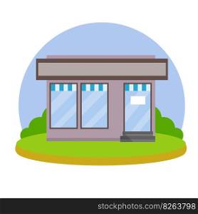 Small shop. Store with red and white roof. Food trade and coffee shop. Facade of the house with showcase. Cartoon flat illustration. Town and city. Element of urban landscape. Small shop and Store. Food trade and coffee shop.