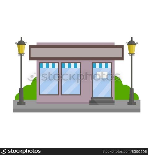 Small shop. Store with red and white roof. Food trade and coffee shop. Town and city. Element of urban landscape. Facade of the house with showcase. Cartoon flat illustration. Small shop or Store. Food trade