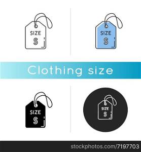 Small size label icon. Linear black and RGB color styles. Garments parameters description. info tag with S letter for little people and children clothing. Isolated vector illustrations