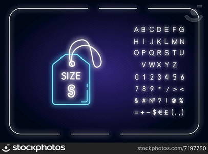 Small size label neon light icon. Outer glowing effect. Garments parameters description sign with alphabet, numbers and symbols. Tag with S letter. Vector isolated RGB color illustration