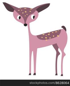 Small stag animal, isolated portrait of little deer animal with spots on skin. Reindeer mammal of wilderness or zoo with antlers, horned doe. Baby buck or elk nursery design. Vector in flat style. Deer animal, small stag cartoon character portrait