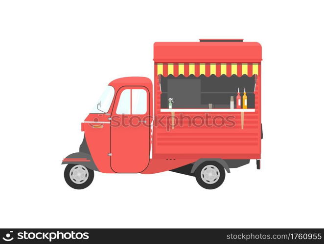 Small three wheeled food truck. Yellow vintage auto rickshaw. Side view. Flat vector.