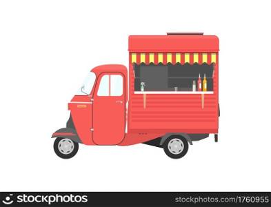 Small three wheeled food truck. Yellow vintage auto rickshaw. Side view. Flat vector.
