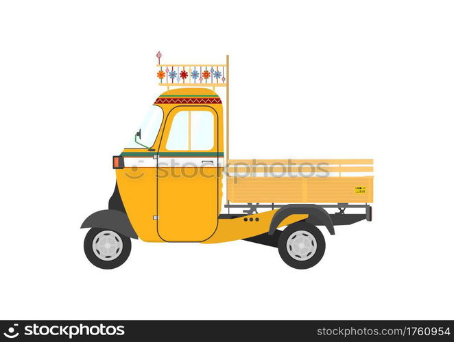 Small three wheeled vendor car. Yellow vintage auto rickshaw. Side view. Flat vector.