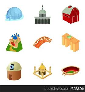 Small town icons set. Cartoon set of 9 small town vector icons for web isolated on white background. Small town icons set, cartoon style