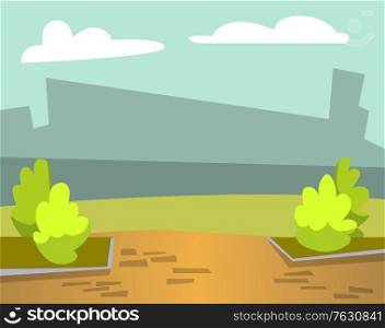 Small town with cityscape silhouette, ground with growing greenery. Park decoration in city, bushes, urban exterior in distance, clouds at sky. Vector illustration in flat cartoon style. Cityscape City with Park Bushes and Greenery Vector