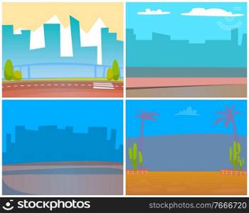 Small towns and big cities vector, silhouettes skylines and cityscapes with haze and smog. Desert with cactus and palms, buildings and skyscrapers. View from bridge or road. Flat cartoon. Cityscapes and Urban Territories, City and Town