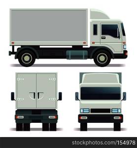 Small truck front, back and side view for cargo transportation. vector template for corporate identity. Truck van for delivery service, illustration of white car truck. Small truck front, back and side view for cargo transportation. vector template corporate identity