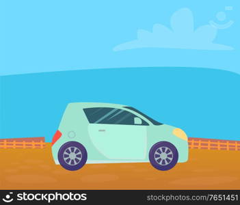 Small turquoise colored microcar vehicle stand on ground in countryside. Automobile to drive and get your destination quickly. Blue nature background with and clouds. Vector cartoon illustration in flat style. Small Blue Microcar Stand on Ground in Countryside