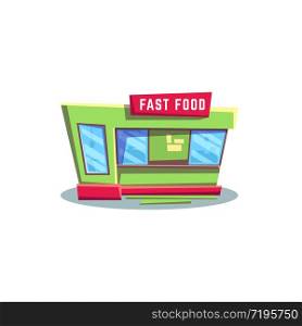 Small urban retail shop with takeout food isolated fastfood store. Vector fast-food restaurant exterior, street food local store, shop selling takeaway dishes flat style design icon. Restaurant fastfood isolated green takeaway store