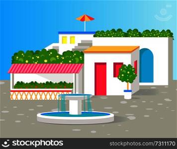 Small villa with lot of green flowers, color card, vector illustration with white house, pretty fountain, red and orange umbrella on roof, grey stairs. Small Villa with Lot of Green Flowers, Color Card