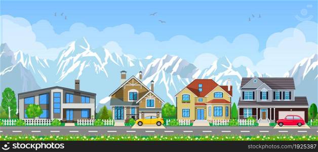 Small village landscape. Wooden houses in the mountains among the trees. blue sky with clouds. vector illustration in flat tyle. Small village landscape.