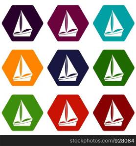 Small yacht icon set many color hexahedron isolated on white vector illustration. Small yacht icon set color hexahedron