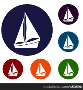 Small yacht icons set in flat circle reb, blue and green color for web. Small yacht icons set