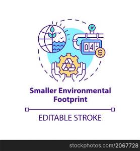 Smaller environmental footprint concept icon. Sustainable producing abstract idea thin line illustration. Isolated outline drawing. Editable stroke. Roboto-Medium, Myriad Pro-Bold fonts used. Smaller environmental footprint concept icon
