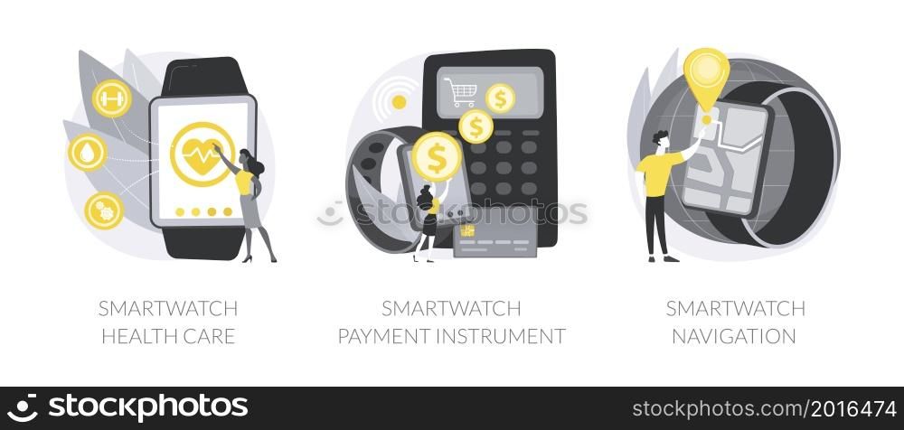 Smart accessories abstract concept vector illustration set. Smartwatch health care, payment with wearable device, navigation software, smart tracker, get directions, body monitor abstract metaphor.. Smart accessories abstract concept vector illustrations.